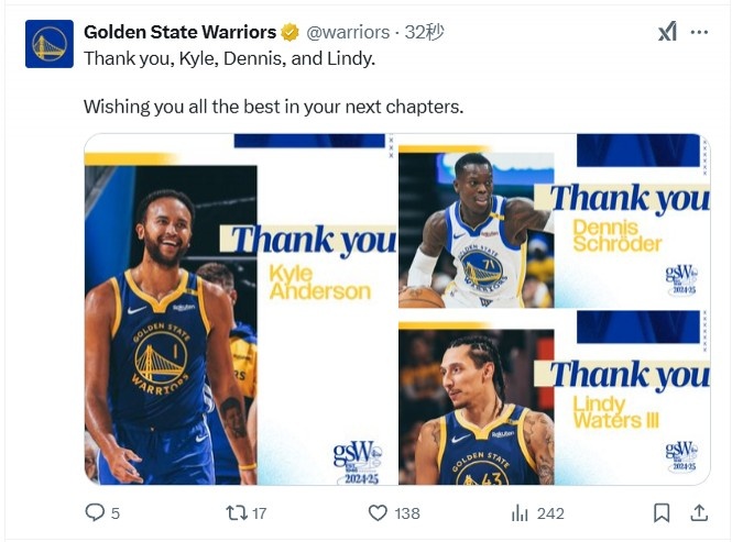  勇士官推向李凱爾、施羅德、沃特斯致謝：祝你們未來(lái)一切順利！