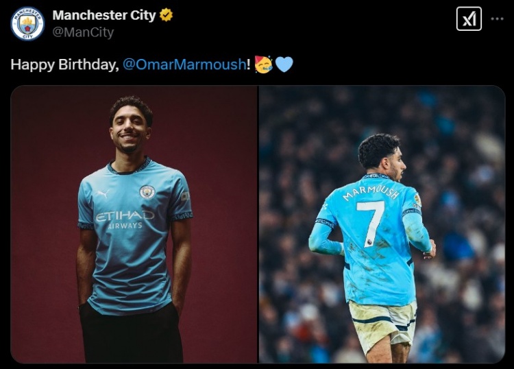  馬爾穆什迎26歲生日，曼城官推曬照為其送上生日祝福