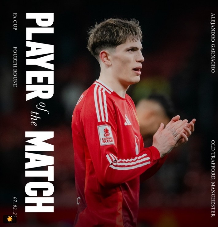  替補(bǔ)登場表現(xiàn)活躍，曼聯(lián)官方：加納喬當(dāng)選本輪足總杯隊(duì)內(nèi)最佳球員