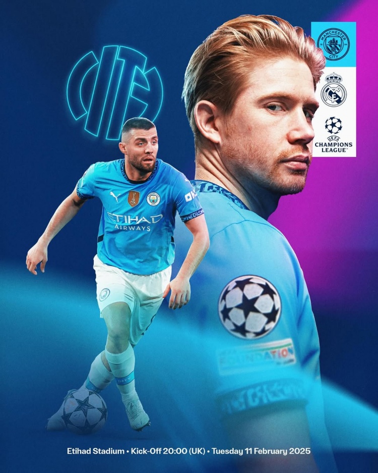  曼城發(fā)布?xì)W冠對陣皇馬海報：德布勞內(nèi)、科瓦西奇出鏡