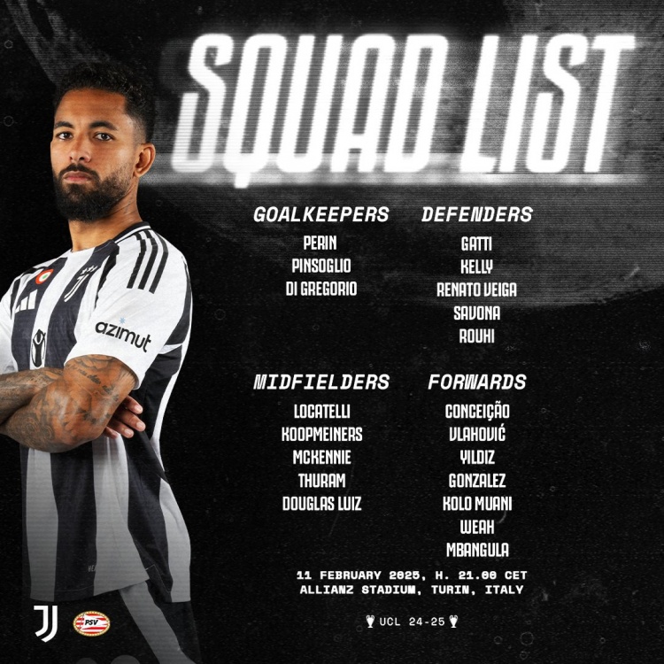  尤文歐冠對(duì)陣埃因霍溫大名單：弗拉霍維奇、穆阿尼、凱利在列