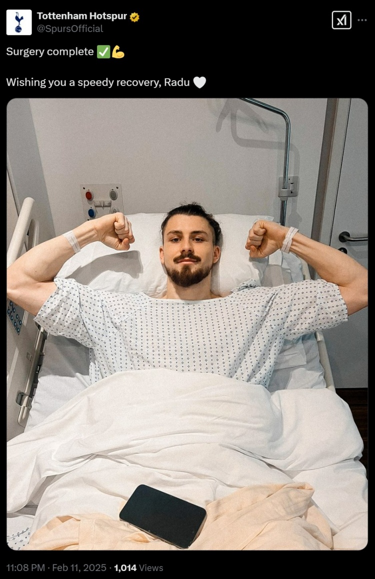  早日康復(fù)！德拉古辛順利完成十字韌帶手術(shù)，熱刺曬術(shù)后照送祝福