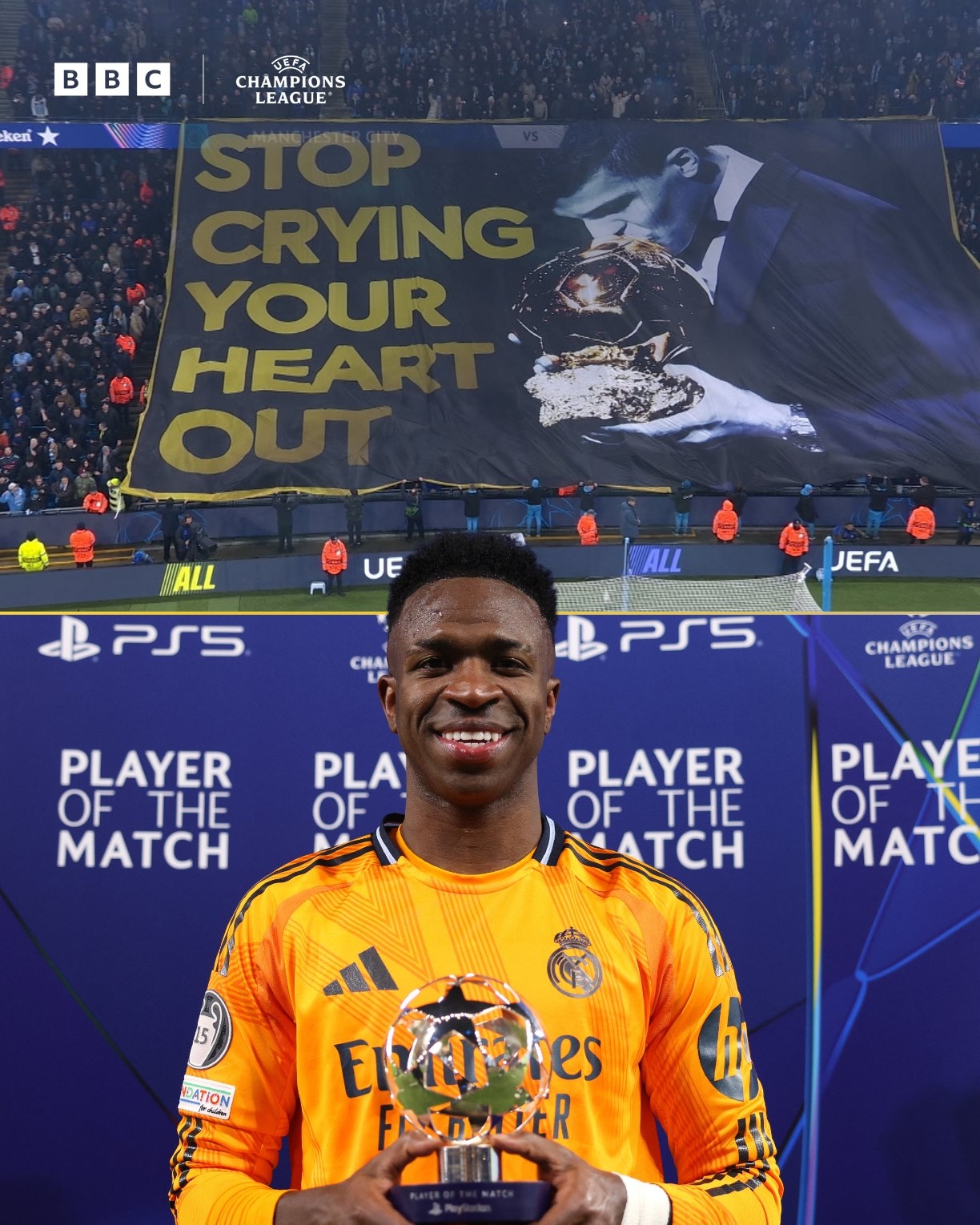  表現(xiàn)回應(yīng)！曼城球迷橫幅嘲諷維尼修斯，后者送絕殺助攻+當(dāng)選MVP