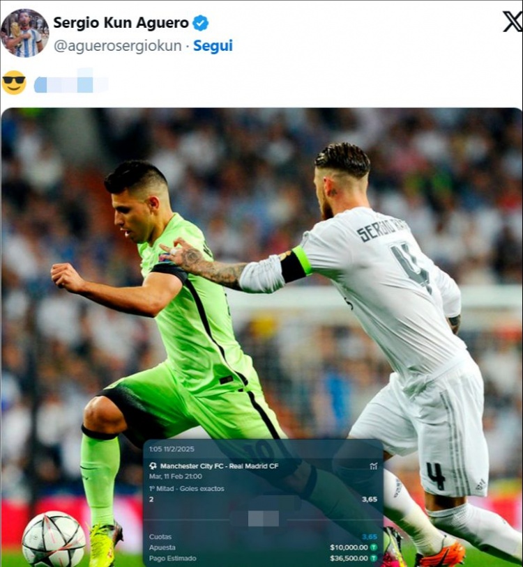  助興！阿圭羅下注曼城vs皇馬上半場(chǎng)2球，最終1-0結(jié)束輸?shù)?萬美金