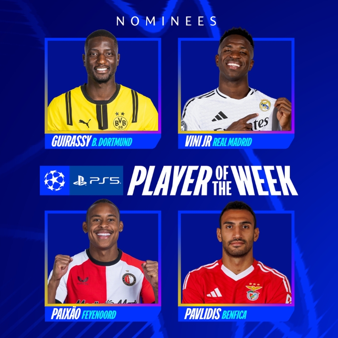  歐冠本周最佳球員候選：吉拉西、派修、帕夫利季斯、維尼修斯入圍