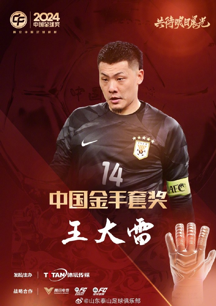  王大雷榮獲中國金手套獎，謝文能入選中國金球獎候選人前三名