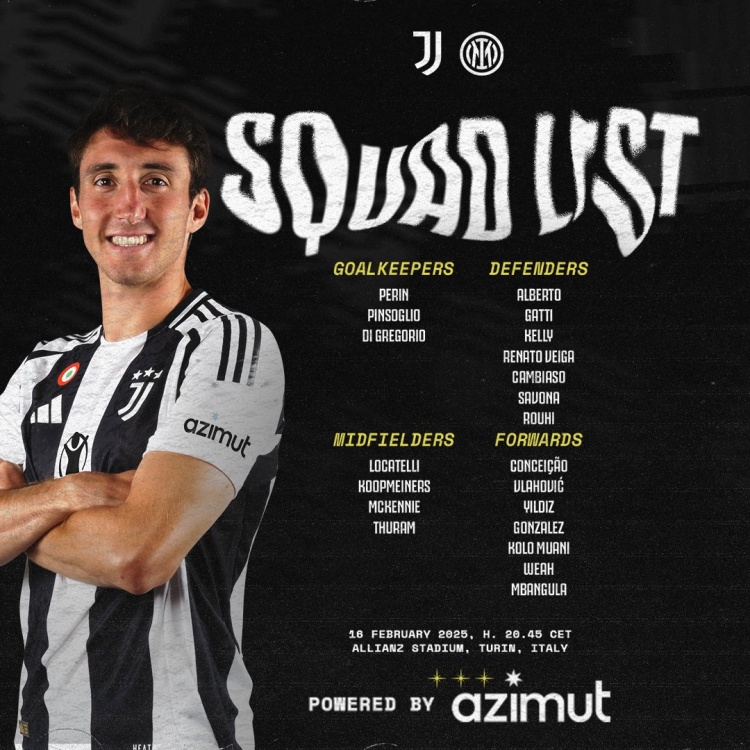  尤文國(guó)家德比大名單：穆阿尼、孔塞桑、坎比亞索在列，路易斯缺席