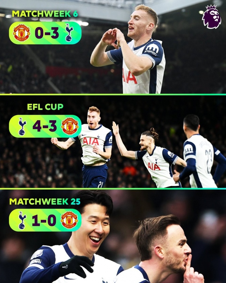  單賽季各項(xiàng)賽事三殺曼聯(lián)！熱刺上次做到還是1989-90賽季