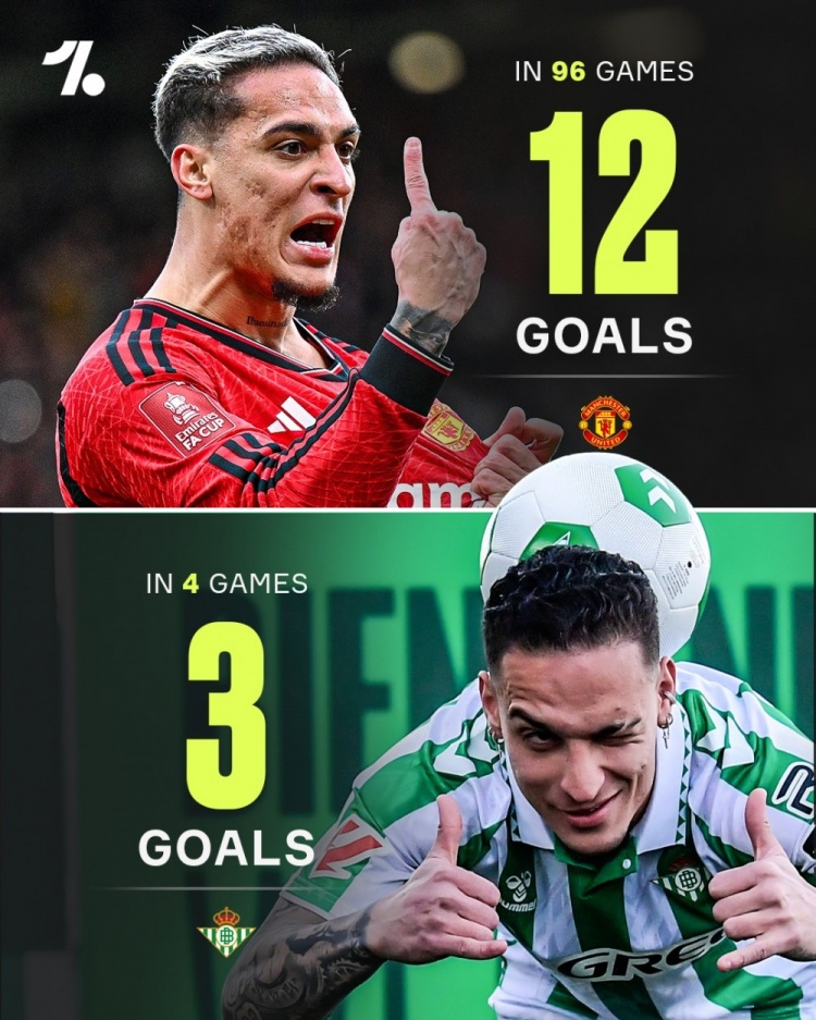  人挪活！安東尼在曼聯(lián)96場(chǎng)12球，加盟貝蒂斯以來(lái)4場(chǎng)進(jìn)3球