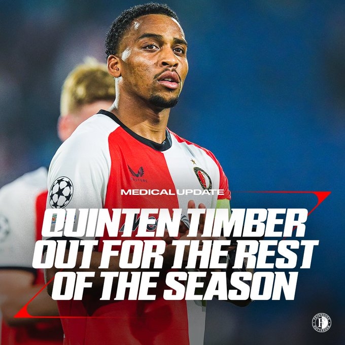  賽季報銷！費(fèi)耶諾德官方：昆滕-廷伯膝外側(cè)韌帶受傷，已接受手術(shù)