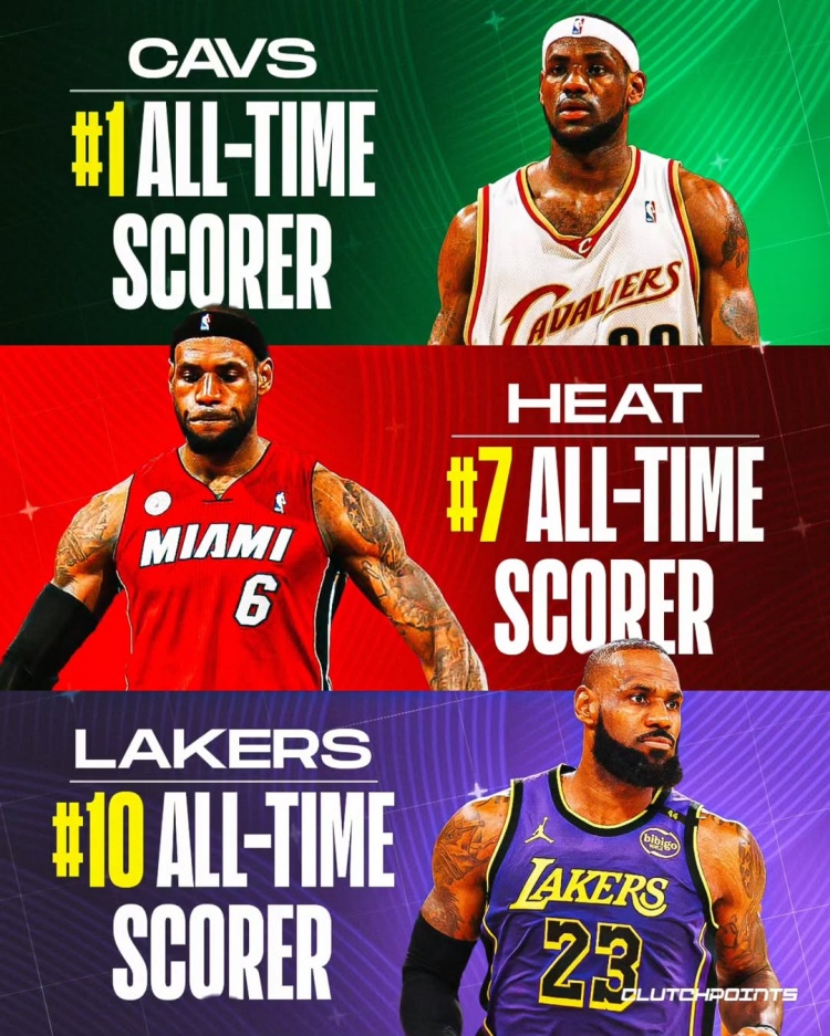  詹姆斯在騎士、熱火、湖人三支球隊(duì)總得分皆隊(duì)史前十 歷史唯一