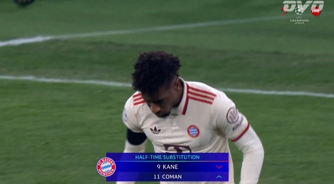  凱恩半場被科曼換下，本場曾射門擊中橫梁