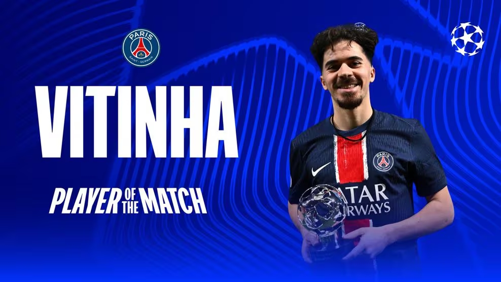  打進(jìn)1球！官方：維蒂尼亞當(dāng)選巴黎7-0布雷斯特全場(chǎng)最佳球員