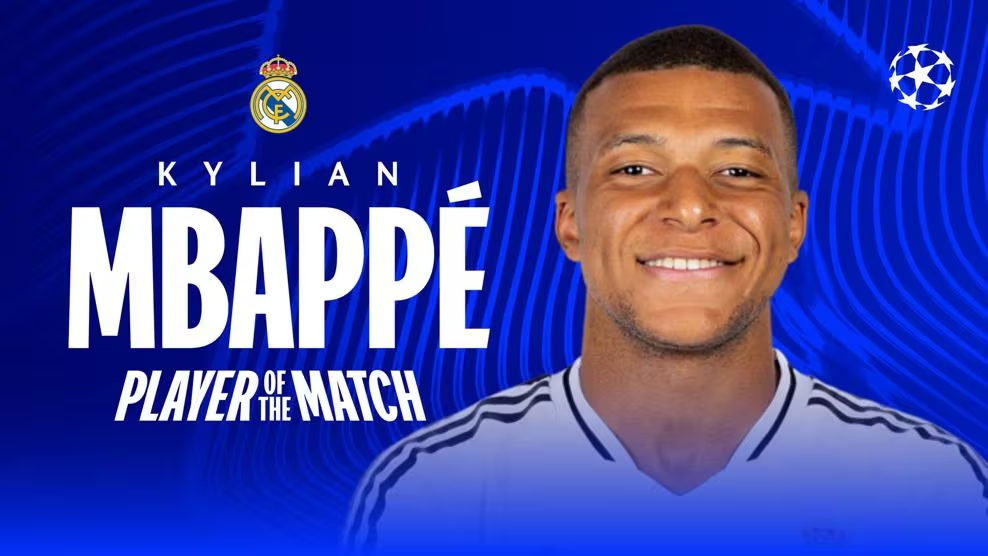  帽子戲法！歐冠官方：姆巴佩當(dāng)選皇馬vs曼城全場(chǎng)最佳