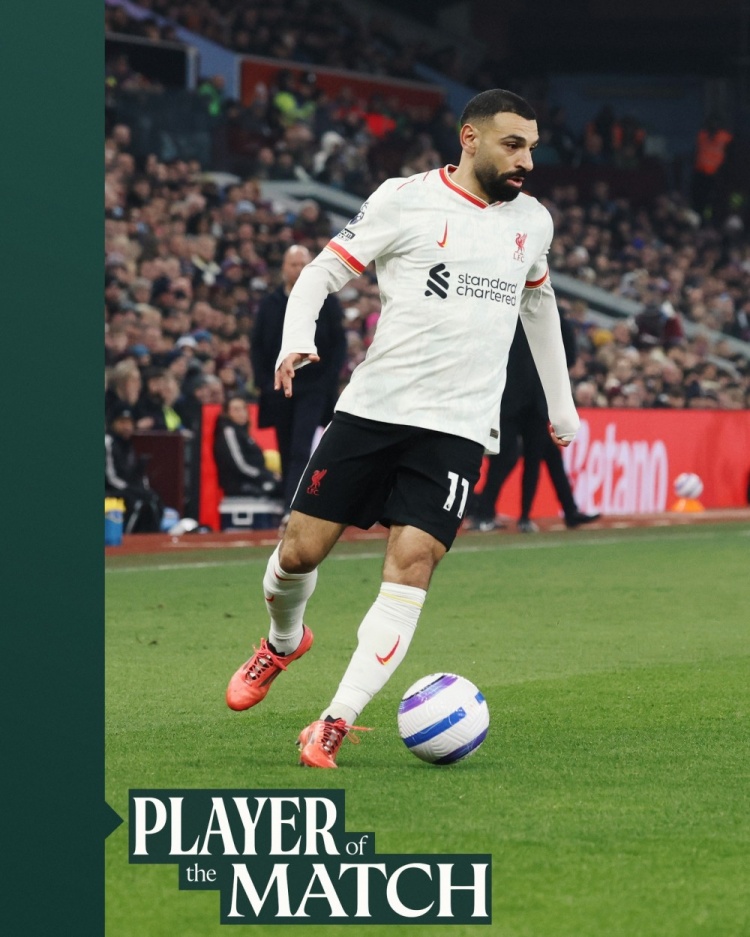  傳射建功！薩拉赫當(dāng)選對陣維拉一役利物浦隊內(nèi)最佳球員