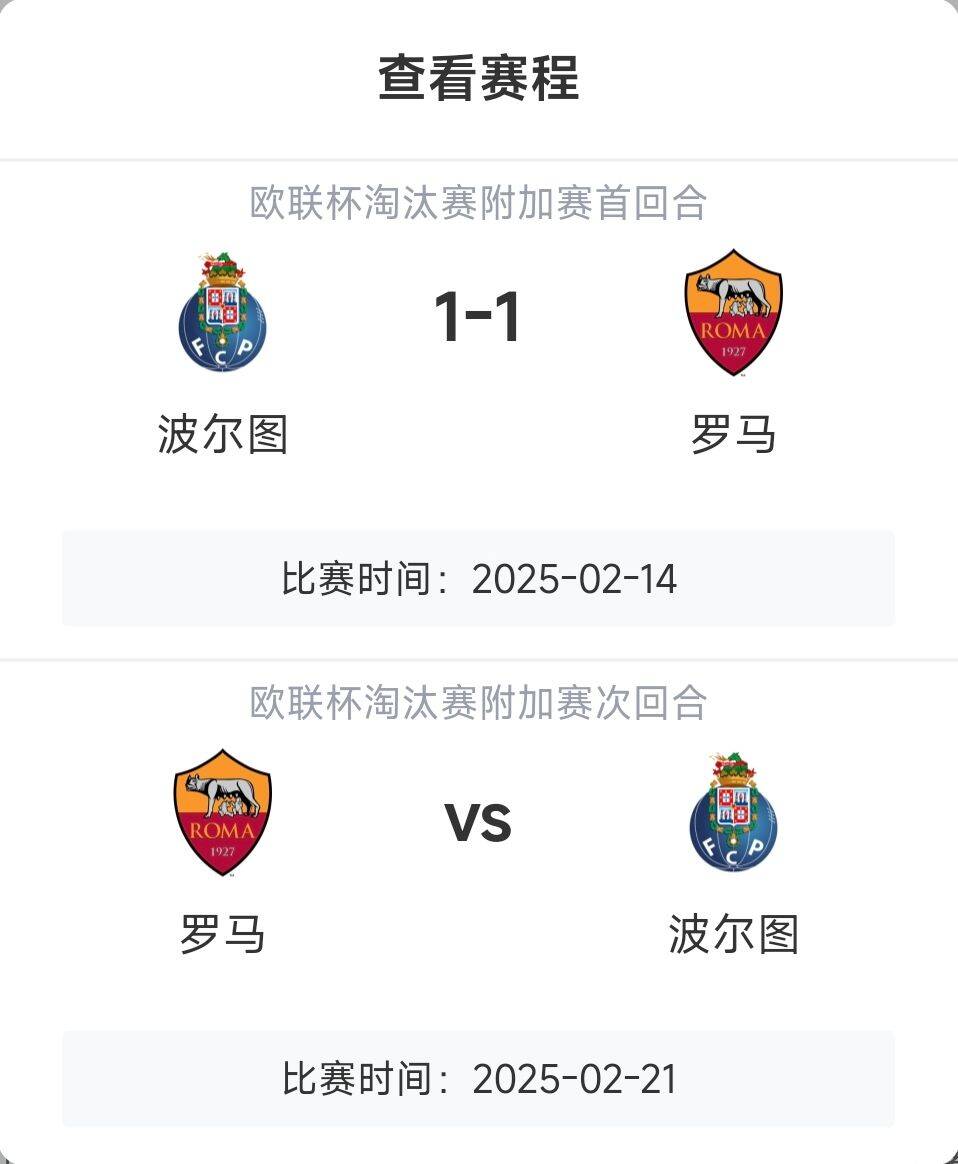  羅馬頂?shù)米幔恳饧讱W戰(zhàn)8隊(duì)3隊(duì)直通4隊(duì)出局，羅馬首回合1-1波爾圖
