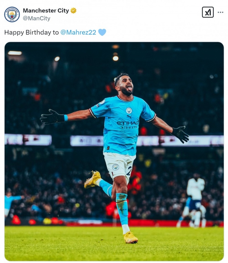 曼城祝馬赫雷斯34歲生日快樂，球員為藍(lán)月亮出戰(zhàn)236場78球56助