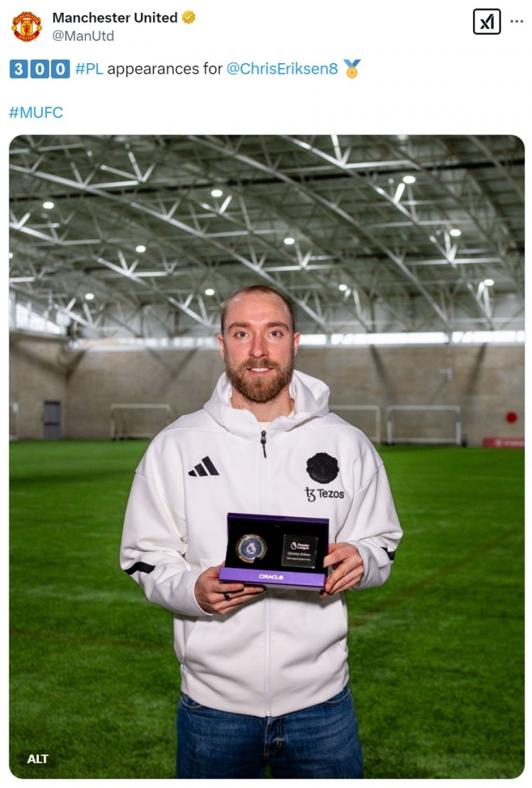  54球80助！埃里克森達(dá)成英超300場(chǎng)里程碑，獲贈(zèng)紀(jì)念品