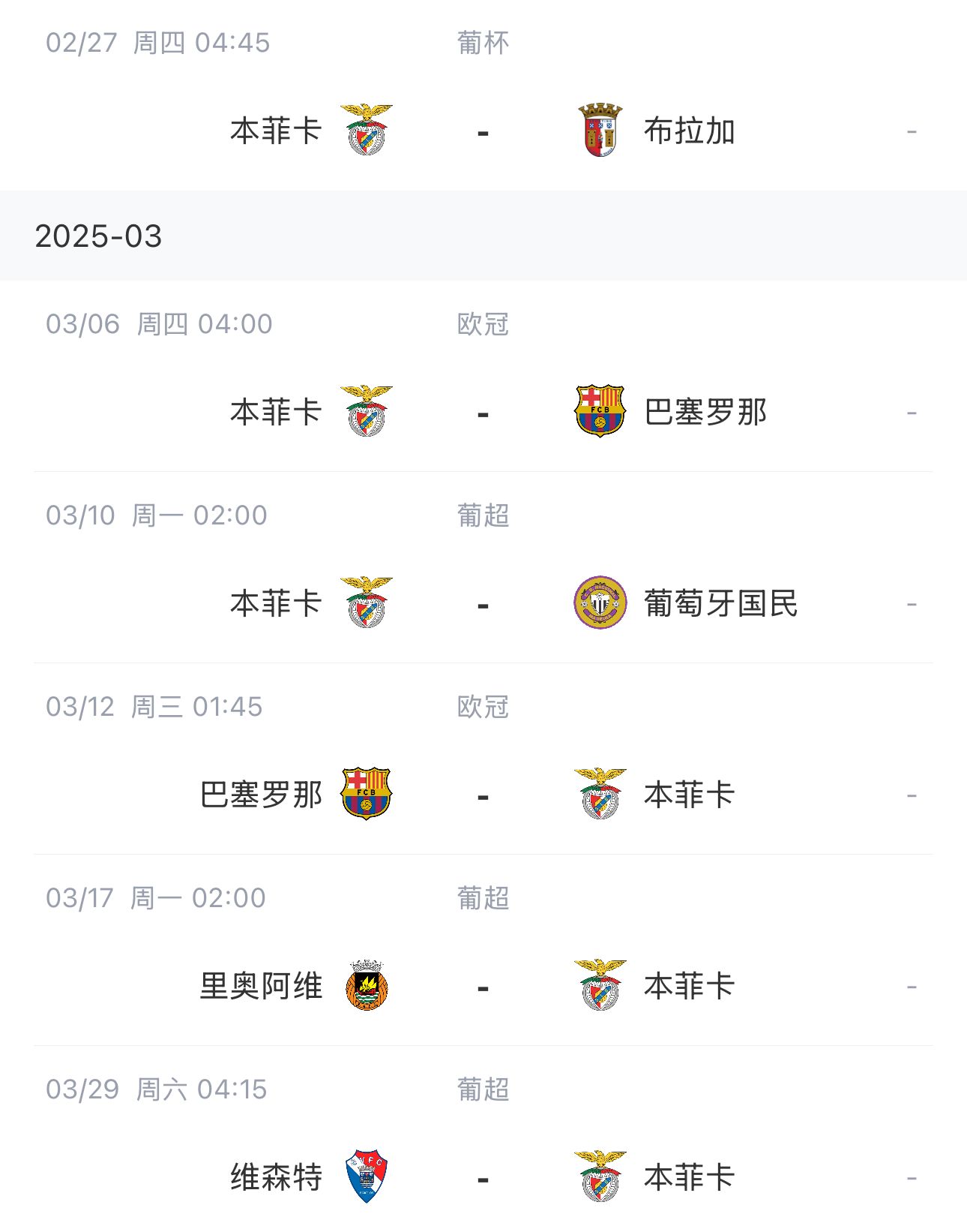  讓路歐冠！本菲卡戰(zhàn)巴薩首回合比賽前的葡超比賽推遲進行