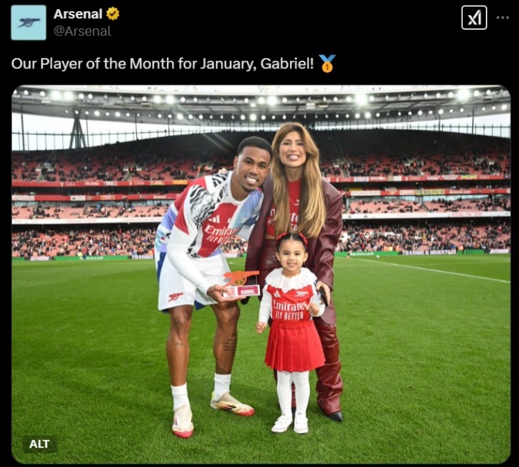  后防中堅！阿森納官方：加布里埃爾當選隊內1月份最佳球員