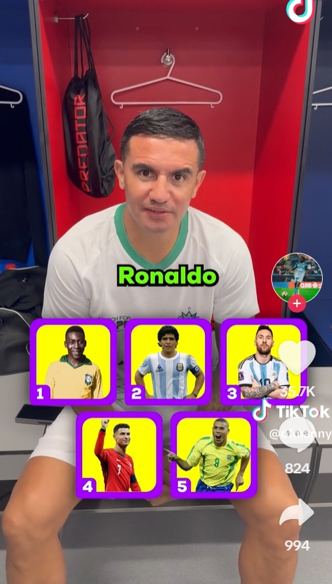  蒂姆-卡希爾選歷史最佳五人：貝利、老馬、梅西、C羅、羅納爾多