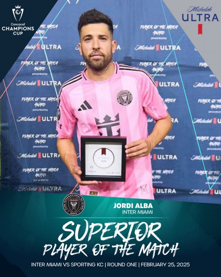  貢獻(xiàn)1次助攻，阿爾巴當(dāng)選邁阿密國(guó)際3-1堪薩斯城全場(chǎng)最佳球員