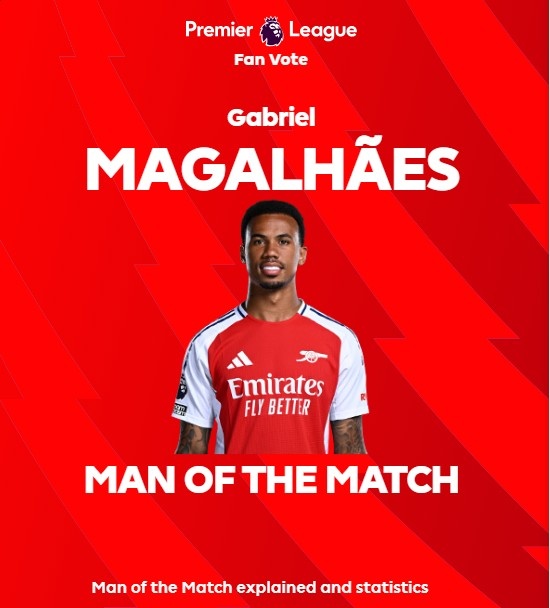  英超官方：加布里埃爾當(dāng)選阿森納0-0諾丁漢森林全場(chǎng)最佳