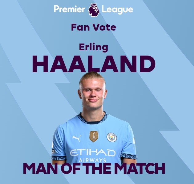  打進(jìn)致勝球！英超官方：哈蘭德當(dāng)選曼城1-0熱刺全場(chǎng)最佳球員