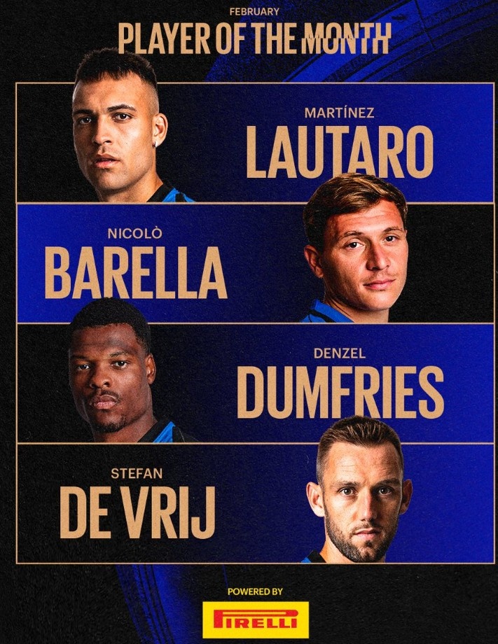  國米官方評二月隊內(nèi)最佳候選：勞塔羅、巴雷拉、鄧弗里斯、德弗里