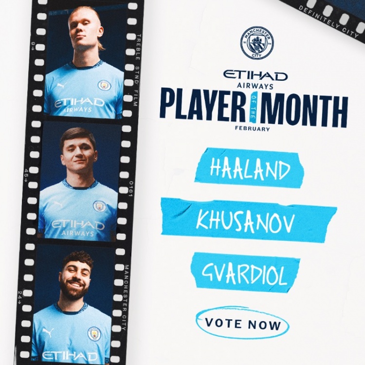  曼城2月隊內(nèi)最佳球員候選：哈蘭德、胡桑諾夫、格瓦迪奧爾