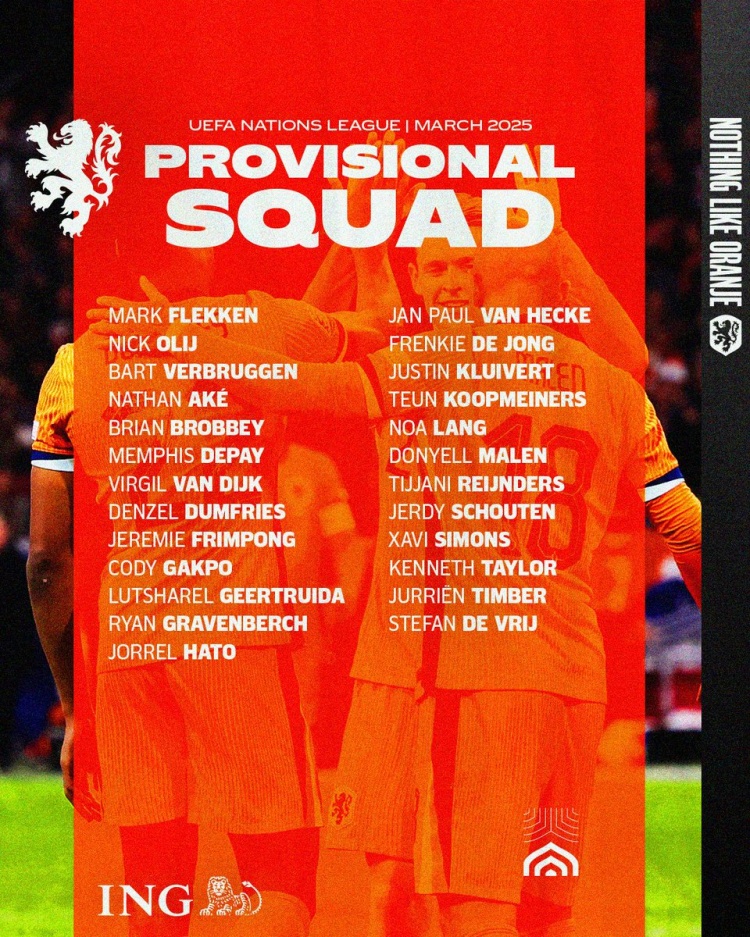  荷蘭歐國聯(lián)名單：范迪克、德容在列，德里赫特、齊爾克澤落選