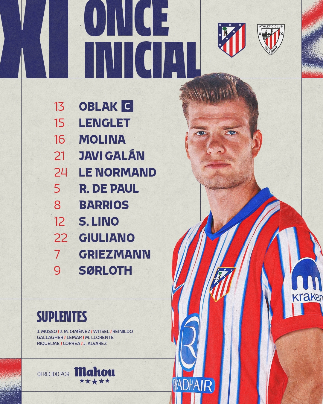  馬競vs畢巴首發(fā)：格列茲曼、索爾洛特領(lǐng)銜，阿爾瓦雷斯替補