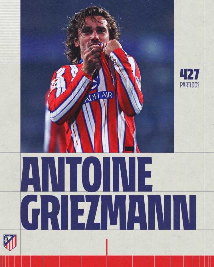  格列茲曼已代表馬競出場427次，追平薩烏爾并列馬競隊史第8