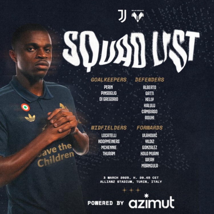  尤文圖斯對陣維羅納大名單：弗拉霍維奇領(lǐng)銜鋒線，中場僅4人