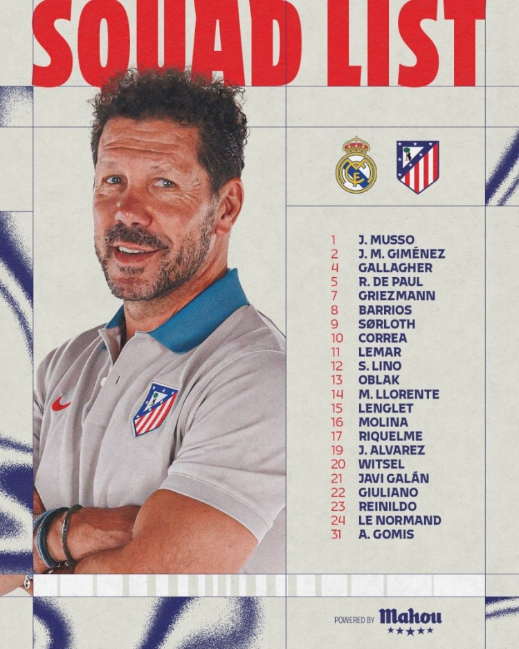  馬競公布戰(zhàn)皇馬名單：小蜘蛛&格列茲曼領(lǐng)銜鋒線，德保羅坐鎮(zhèn)中場