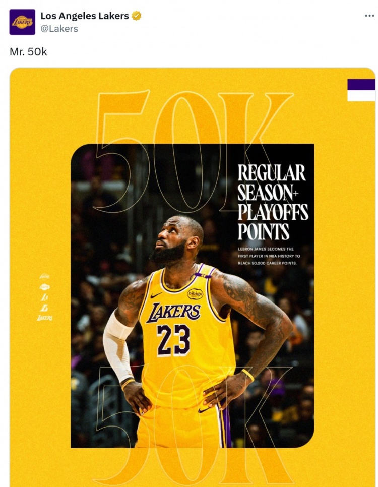  詹姆斯生涯50000分！湖人官方曬照：五萬分先生