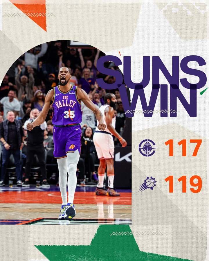  當(dāng)記首功！太陽官方曬贏球海報 杜蘭特振臂怒吼 哈登成為背景