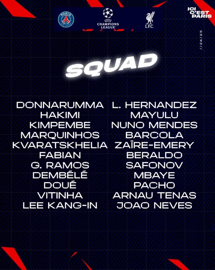  巴黎對陣?yán)锲执竺麊危旱秦惾R領(lǐng)銜鋒線，馬爾基尼奧斯坐鎮(zhèn)后防