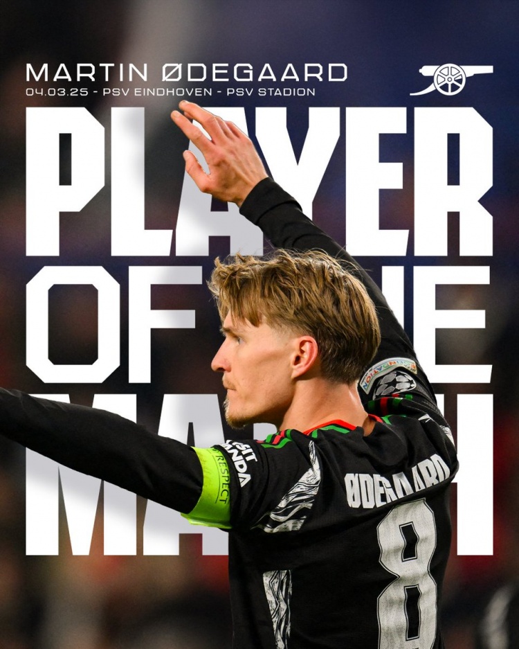  2射1傳！阿森納官方：厄德高當選7-1埃因霍溫隊內最佳球員