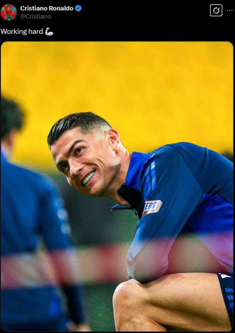  笑容洋溢心情不錯(cuò)，C羅社媒曬訓(xùn)練照，配文：努力工作！