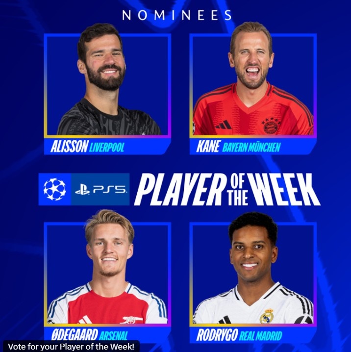  歐冠官方本輪最佳球員候選：阿利森、凱恩、羅德里戈、厄德高