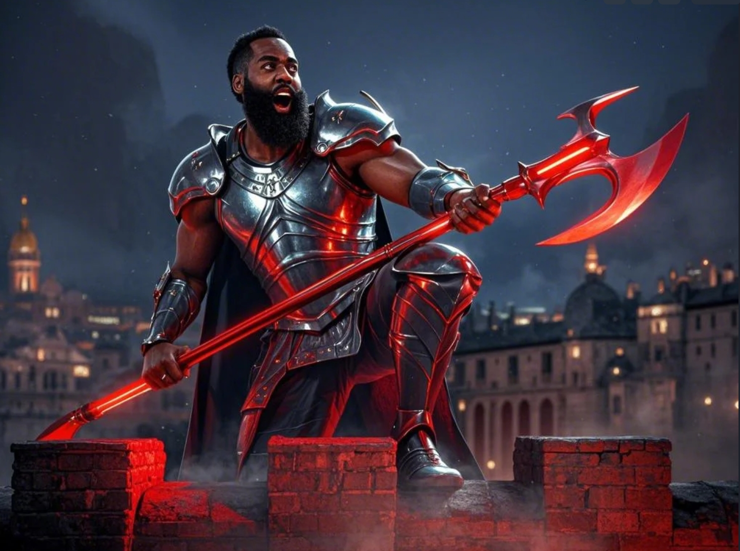  【AI繪圖】50分！登哥身穿紅芒鎧甲手拿鉤戟站在城墻上怒吼