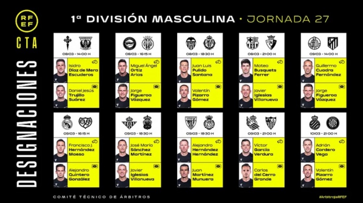  西甲第27輪裁判：費(fèi)雷爾主裁巴薩VS奧薩蘇納，梅索執(zhí)法皇馬