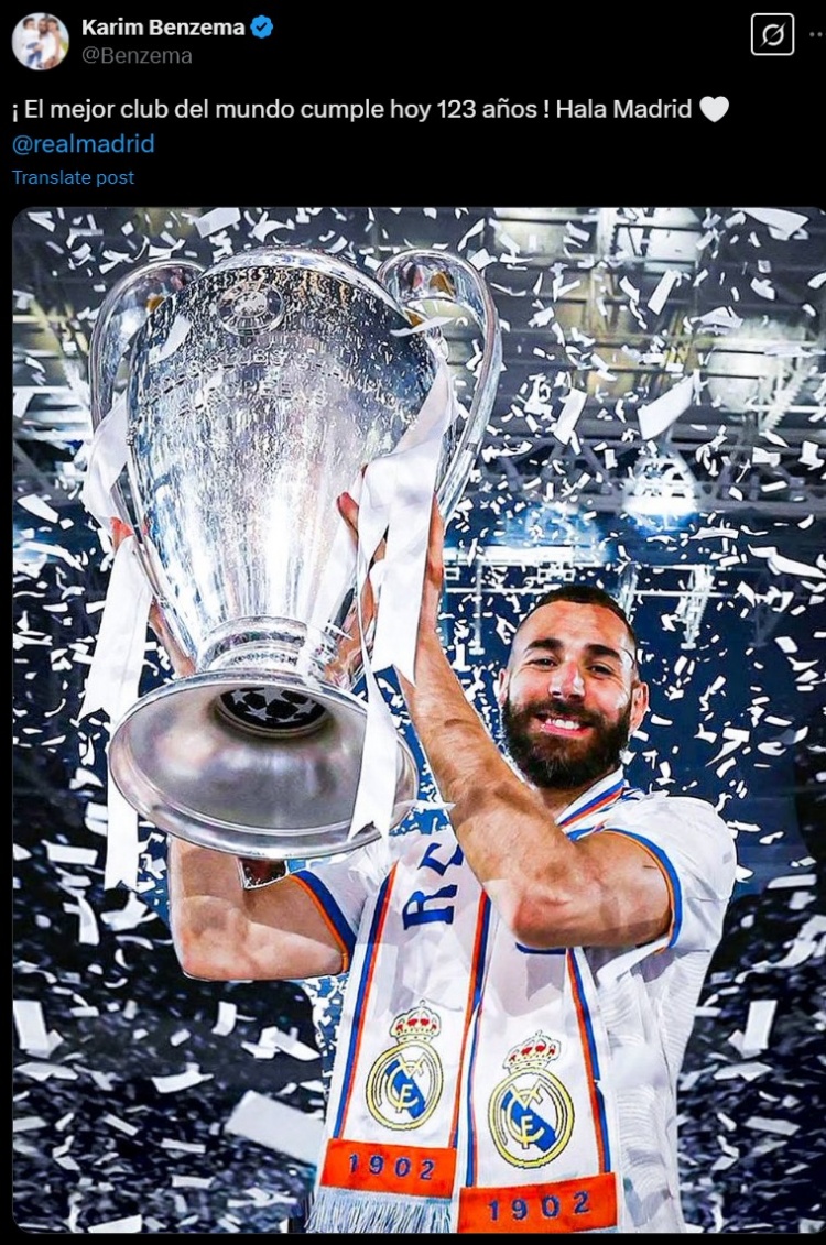  不忘舊主！本澤馬社媒曬昔日捧杯照紀(jì)念皇馬成立123周年