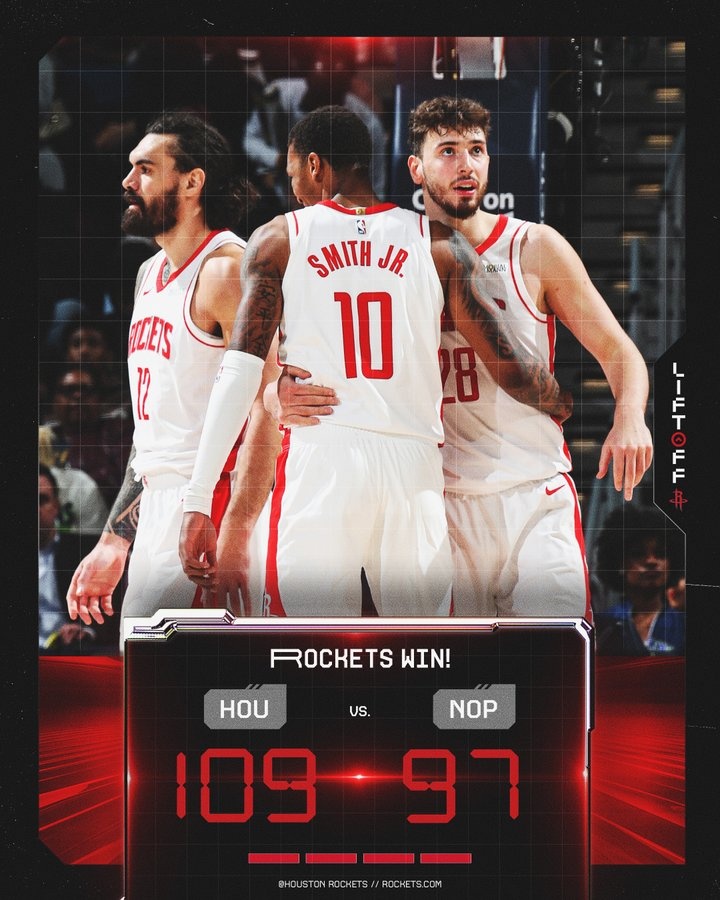  火箭官方曬贏球海報：申京、亞當(dāng)斯、小賈巴里一起登上封面