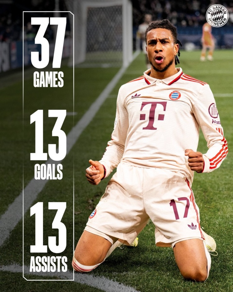  預(yù)訂拜仁賽季最佳引援？23歲奧利塞各項(xiàng)賽事37場(chǎng)13球13助攻