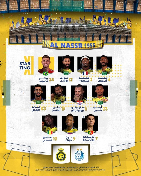  利雅得勝利vs德黑蘭獨(dú)立首發(fā)：C羅領(lǐng)銜，杜蘭、馬內(nèi)先發(fā)