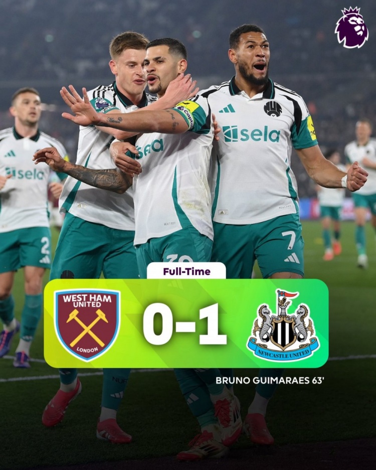  吉馬良斯制勝勝紐卡客場(chǎng)1-0擊敗西漢姆聯(lián)，喜鵲積分已追平曼城