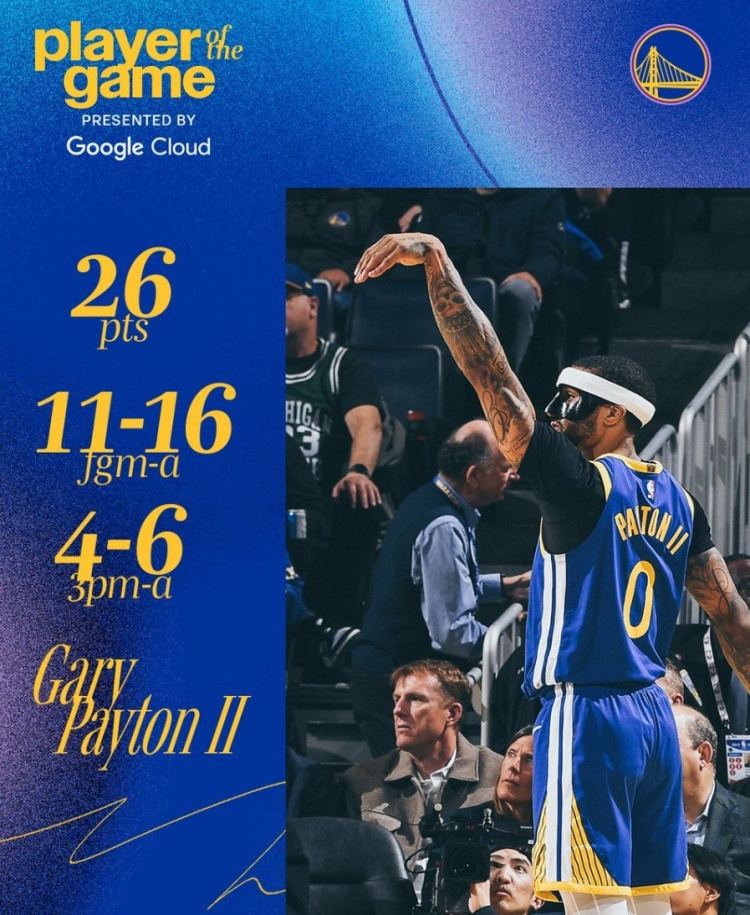  爆砍生涯新高26分！小佩頓當(dāng)選本場(chǎng)勇士隊(duì)最佳球員