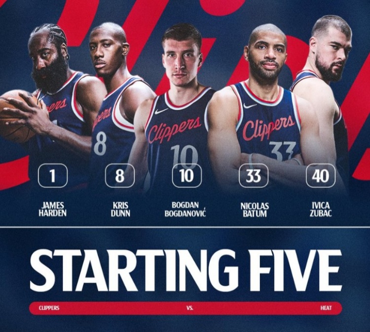  小卡輪休！快船首發(fā)：哈登、鄧恩、博格丹、巴圖姆、祖巴茨